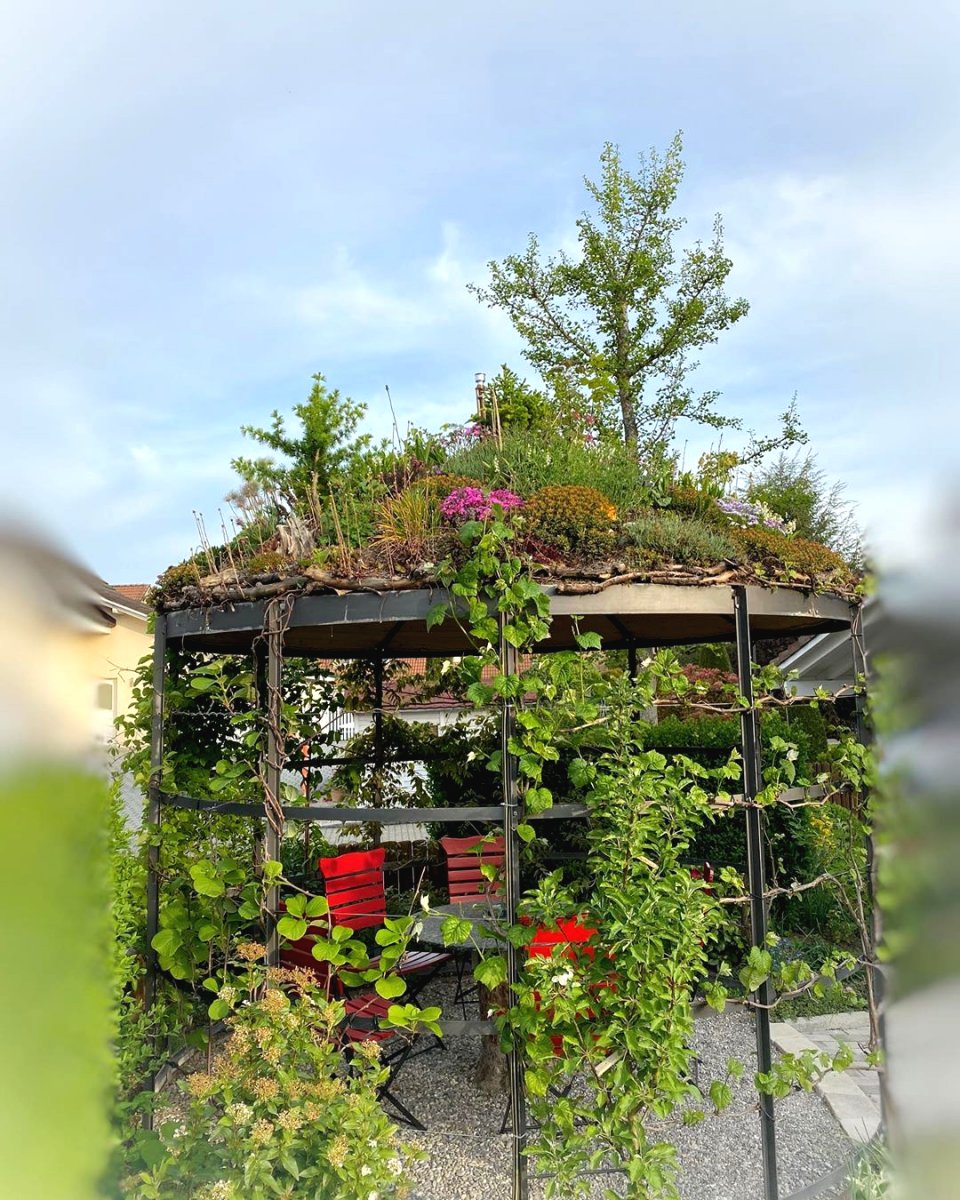 Оригинальная беседка с альпийской горкой на крыше - фото 2