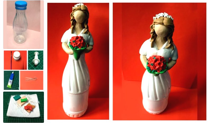 Как украсить бутылку на свадьбу фигуркой невесты - фото